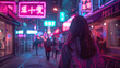 A woman walks down a neon lit street with neon signs in the background