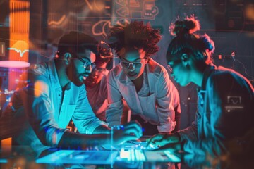 Wall Mural - A diverse group of individuals gathered around a computer screen, attentively examining data, diagrams, and charts with a look of concentration and collaboration