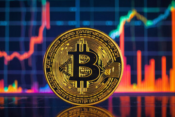 Wall Mural - Bitcoin cryptocurrency coin with neon light infographics logos against the background of blurry graphs