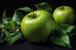 Green apple ai generated. Apples with leaves on dark background. Green apple with drops and leaves. Generative AI.
