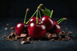 Fototapeta Mapy - Cherry ai generated. Cherry with chocolate on dark background. Cherries with leaves. Choko on black background. Generative AI.