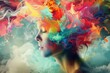 A womans head is depicted emitting colorful smoke in a visually striking and expressive manner, showcasing creativity and individuality