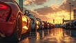 a row of modern cars displayed for sale on a car lot, set against a stunning sky background bathed in sunlight, presented in a photo-realistic, high-resolution style devoid of brand logos.
