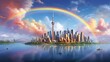Toronto skyline panorama with rainbow over lake Ontario in Toronto, Canada