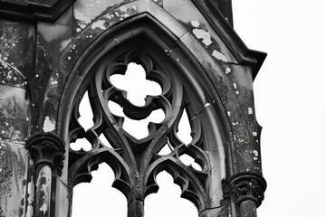 Wall Mural - A close-up of an old Gothic window, its ornate design and pointed arches isolated against a stark white backdrop