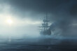 Mysterious Ghost Ship Emerging from Fog at Twilight Banner