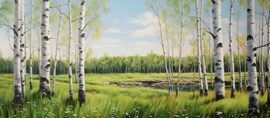 Sticker - An art piece depicting birch trees in a field with a river in the background, capturing the natural landscape with sky, water, and grass