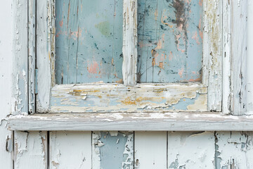 A close-up of an old wooden window, its peeling paint and broken pane isolated against a stark white backdrop.