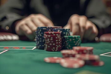 Closeup of a poker player focused on their hand surrounded by chips at a green casino table. Concept Casino Games, Poker Player, Green Table, Chips, Closeup Shot