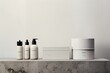 A minimalist setup of skincare containers, with unbranded labels providing ample space for unique customization and branding.