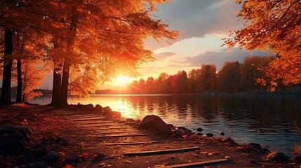 Wall Mural - Beautiful natural park with lake and autumn trees and sunset view. Autumn natural concept background.
