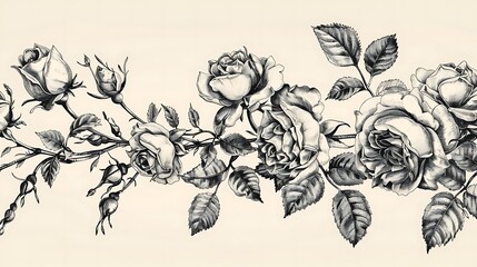 Wall Mural - hand drawn floral roses border and frame design. Generative Ai
