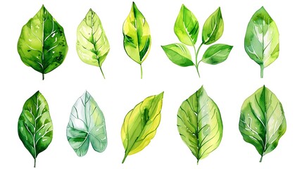 Sticker - Leaves watercolor set. Hand painting floral illustration. Green leaf, plants, foliage, branches isolated on white background. Generative Ai