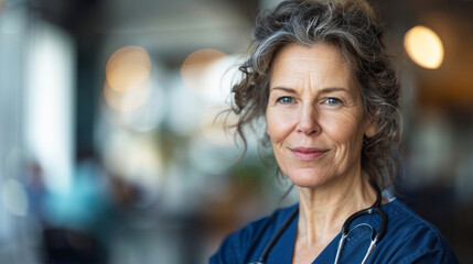 Wall Mural - A woman in a blue scrubs is smiling for the camera. She is a nurse and is wearing a blue uniform. Portrait of mature female nurse working in hospital, blur background