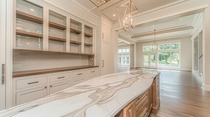 Sticker -  a kitchen with a marble counter top next to a wooden floor and a chandelier hanging from the ceiling.