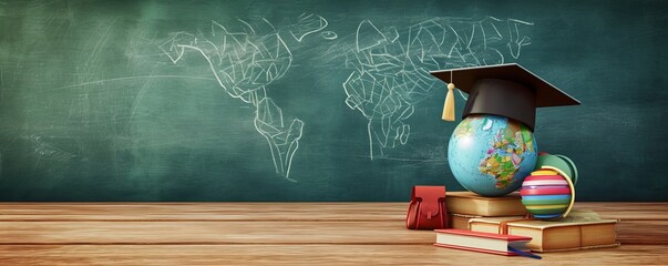 Globe with graduation hat and school accessory on wooden table in front of empty chalkboard with copy space. 3D Rendering, 3D Illustration, Generative AI