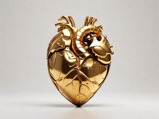 a golden human heart on a white background