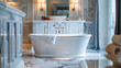 Luxurious bathroom with marble details and freestanding tub.