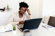 © Jelena Stanojkovic - Call center, headache and woman stress, fatigue and communication mistake, error or crisis for work from home. Agent, sales consultant or person with depression, pain or tired for telemarketing fail.
