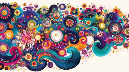 Poster -  a painting of colorful flowers and swirls on a white background with space for the text in the middle of the image.