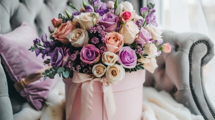 Sticker -  a pink vase filled with lots of flowers on top of a white blanket on top of a chair next to a window.