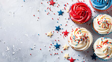 Patriotic Dessert Flat Lay For The Fourth Of July With Red White And Blue Cupcakes And American Flag Decorations.
