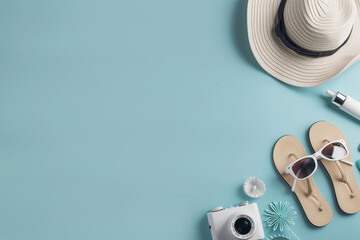 Wall Mural - Beach accessories and palm leaves on pastel  blue background with copy space. Summer is coming concept. Minimal flat lay.