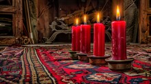  A Group Of Three Red Candles Sitting On Top Of A Rug On Top Of A Floor Next To A Fireplace.