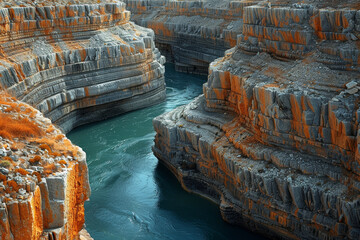 Poster - A meandering river cutting through a canyon, revealing the intricate geological layers shaped by centuries of water erosion. Concept of geological time and transformation. Generative Ai.