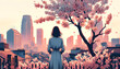 Rear view of a woman looking at the city where cherry blossoms bloom