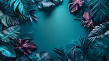 Frame Of Green And Purple Tropical Leaves On A Green Background, Neon Summer Concept.