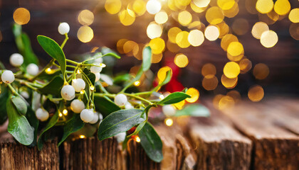 Aufkleber - A bunch of white flowers with green leaves on a wooden table. The flowers are surrounded by a lighted area, giving the impression of a warm and cozy atmosphere