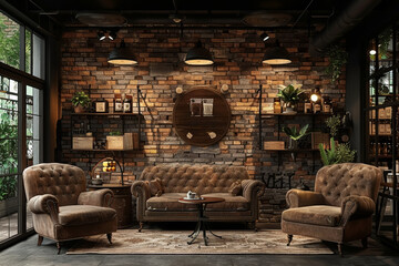 Canvas Print - A chic coffee shop with exposed brick walls and cozy armchairs, providing a trendy setting for caffeine enthusiasts to savor their brew. Concept of contemporary coffee culture. Generative Ai.