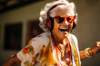 Joyful Senior Lady Dancing with Headphones Outdoors.