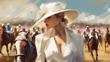 Painting On Canvas, A Woman In A Hat At A Horse Race.