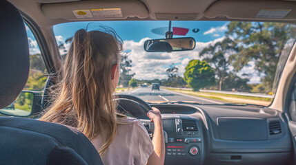 Wall Mural - Rear view of a woman is driving on the highway view from the back seat