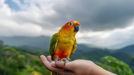 Wall Mural - Generative AI : Sun conure parrot or bird Beautiful is aratinga has yellow on hand background Blur mountains and sky