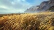 Generative AI : Golden Veldt grass with incoming fog on a windy day along the California coast.