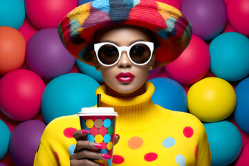 fashionable glamorous beautiful woman with glasses in colored clothes on a colored background with a plastic glass of coffee in her hand