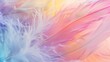 Generative AI : Abstract feather rainbow patchwork background. Closeup image of white fluffy feather under colorful pastel neon foggy mist. 