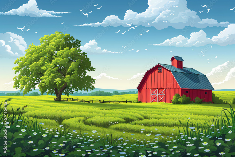 Rural landscape with a farm on field. Beautiful nature with sunny green ...