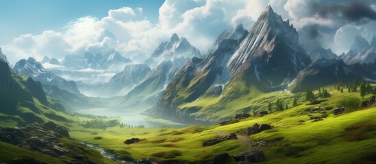 Canvas Print - An art piece depicting a natural landscape of a valley with mountains, a river, and grasslands. The sky is filled with cumulus clouds