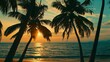 Generative AI : Silhouette of palm trees Beautiful sunset on the tropical sea beach background for travel in holiday relax time,