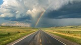 Fototapeta Tęcza - Generative AI : Storm clouds gather over a road that leads into the distance, with rainfall and a rainbow in the distance