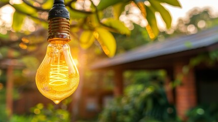 Poster -  a light bulb hanging from a tree with a house in the back ground and a tree in the foreground.