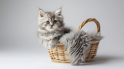 Generative AI : a very cute, fluffy, British breed kitten in a basket on a white background