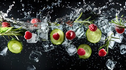 Wall Mural - Lime, cucumber, rosemary and raspberry flying with ices and water splash
