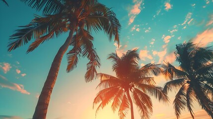 Wall Mural - Generative AI : Silhouette of palm trees Beautiful sunset on the tropical sea beach background for travel in holiday relax time,