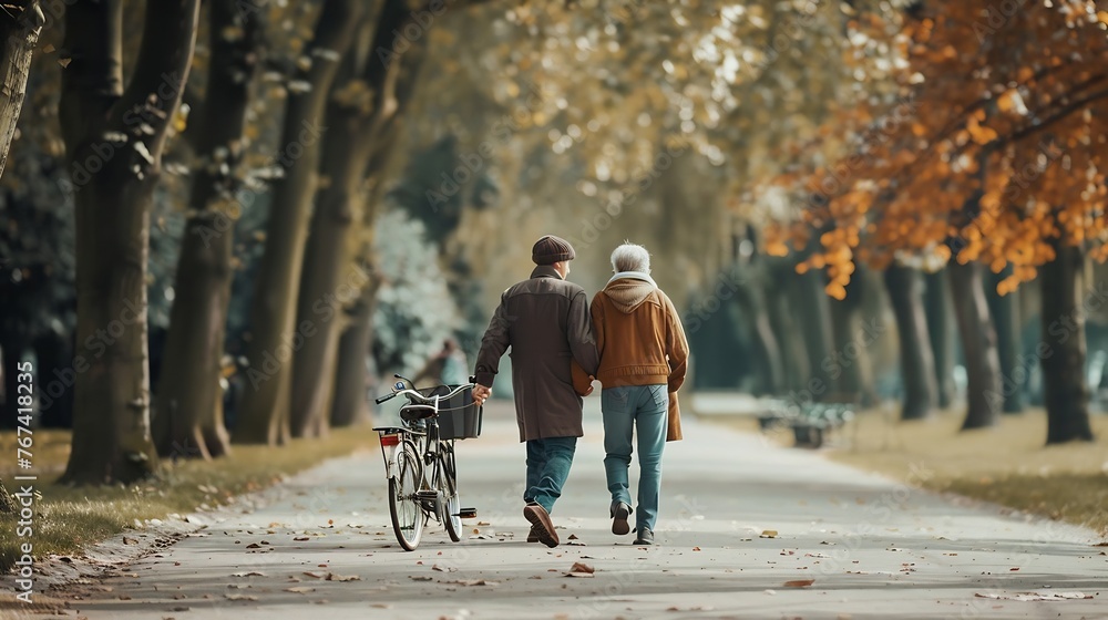 Generative AI : Rear view couple senior walked happily holding hands in ...