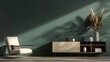 © The Little Hut - Generative AI : Modern interior of living room with armchair and cabinet for tv on dark green color wall background.3d rendering